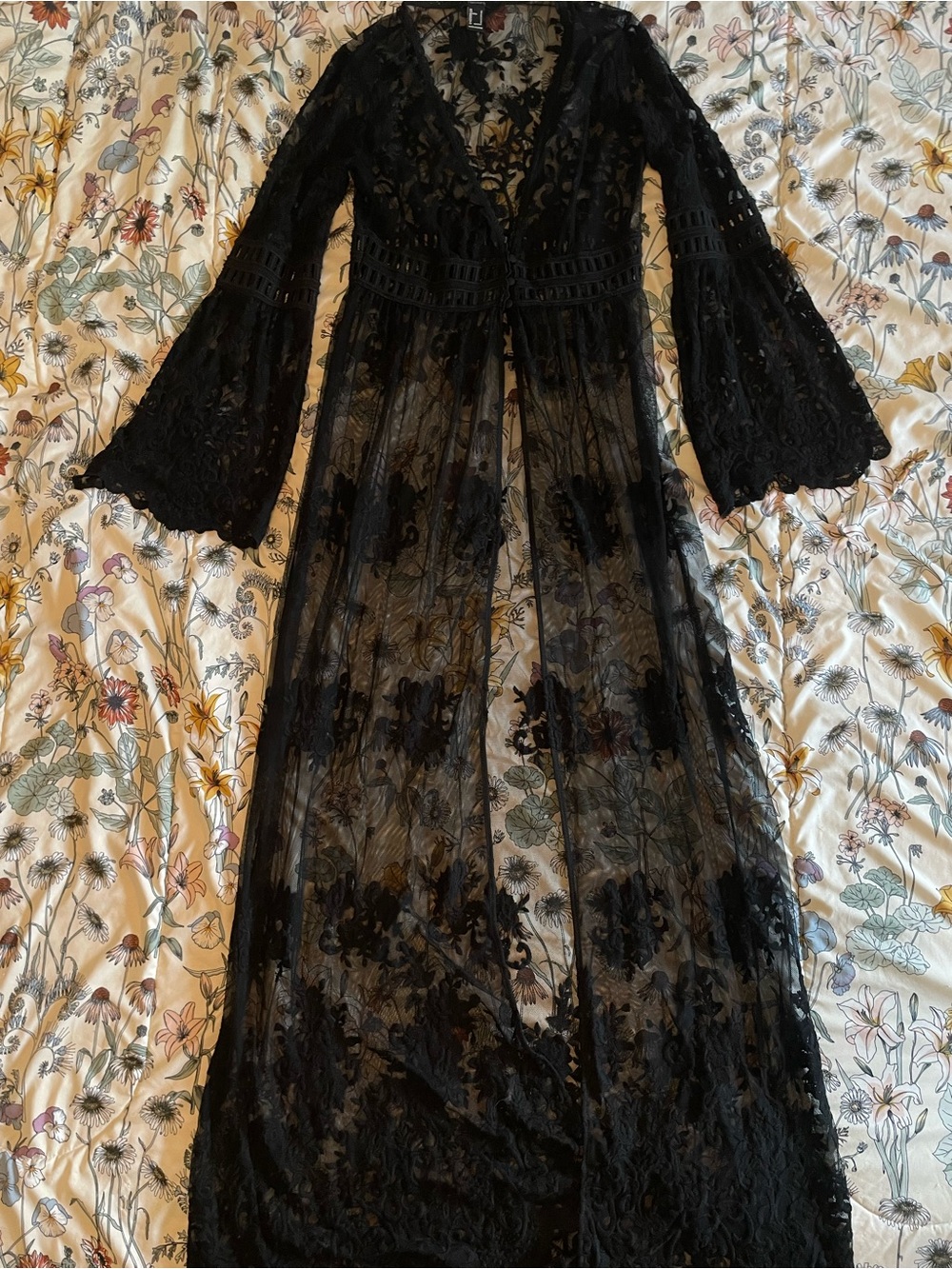 Forever 21 black lace sheer button front duster cardigan